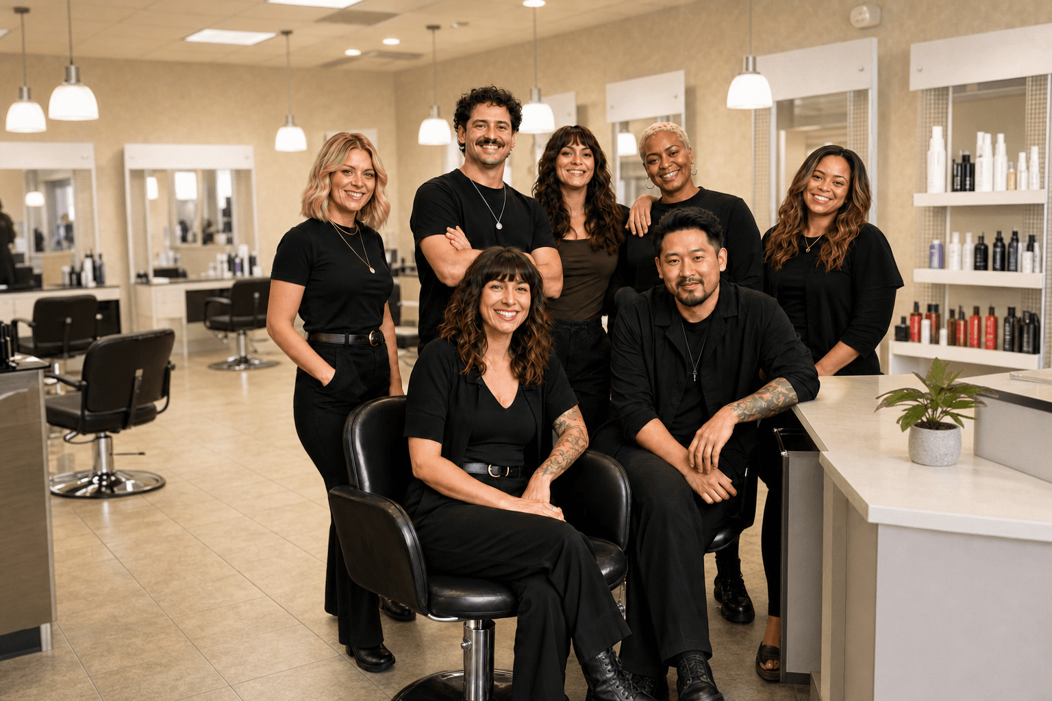 Salon team of stylists posing together on the salon floor