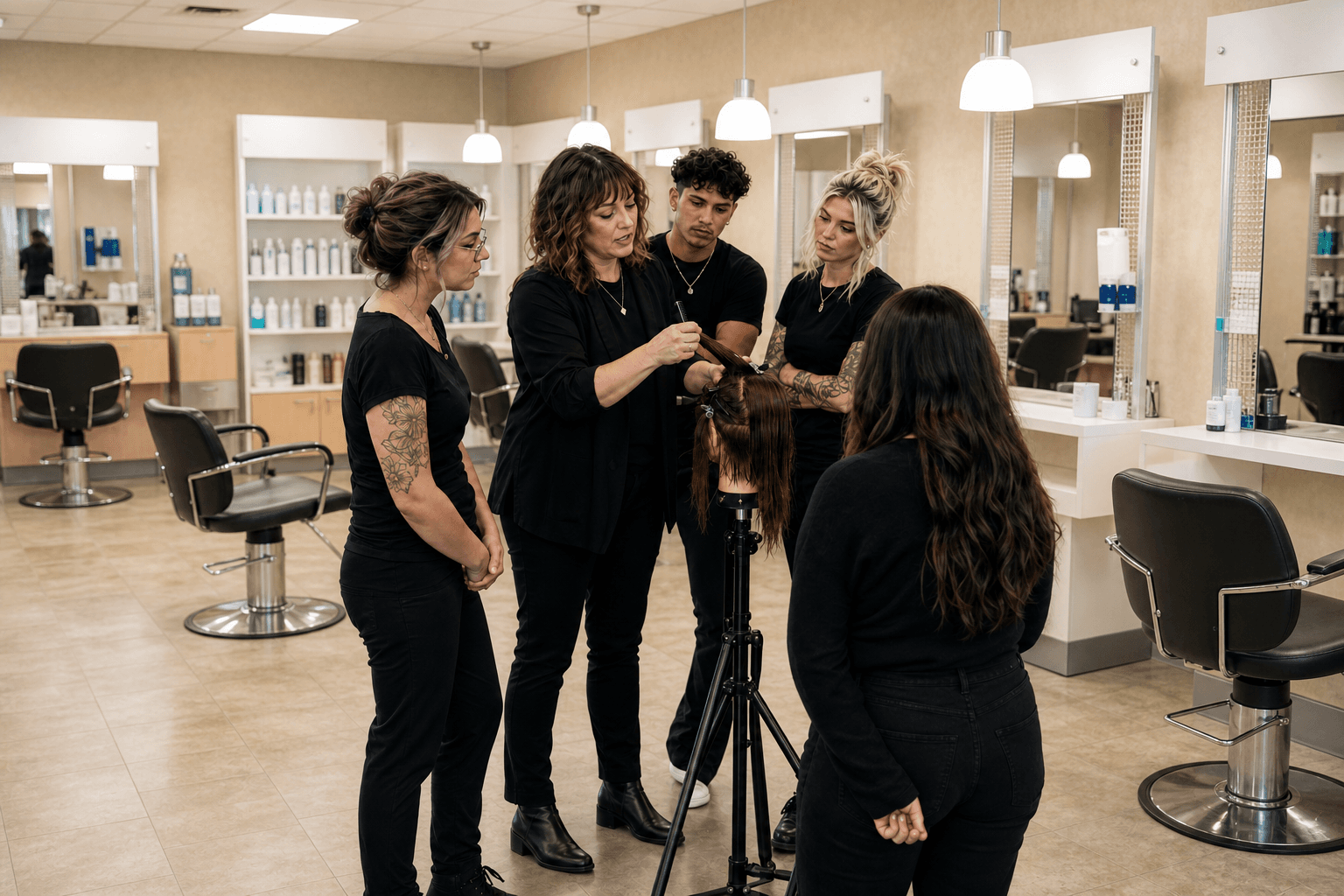 Group of stylists practicing a cutting technique on a mannequin head