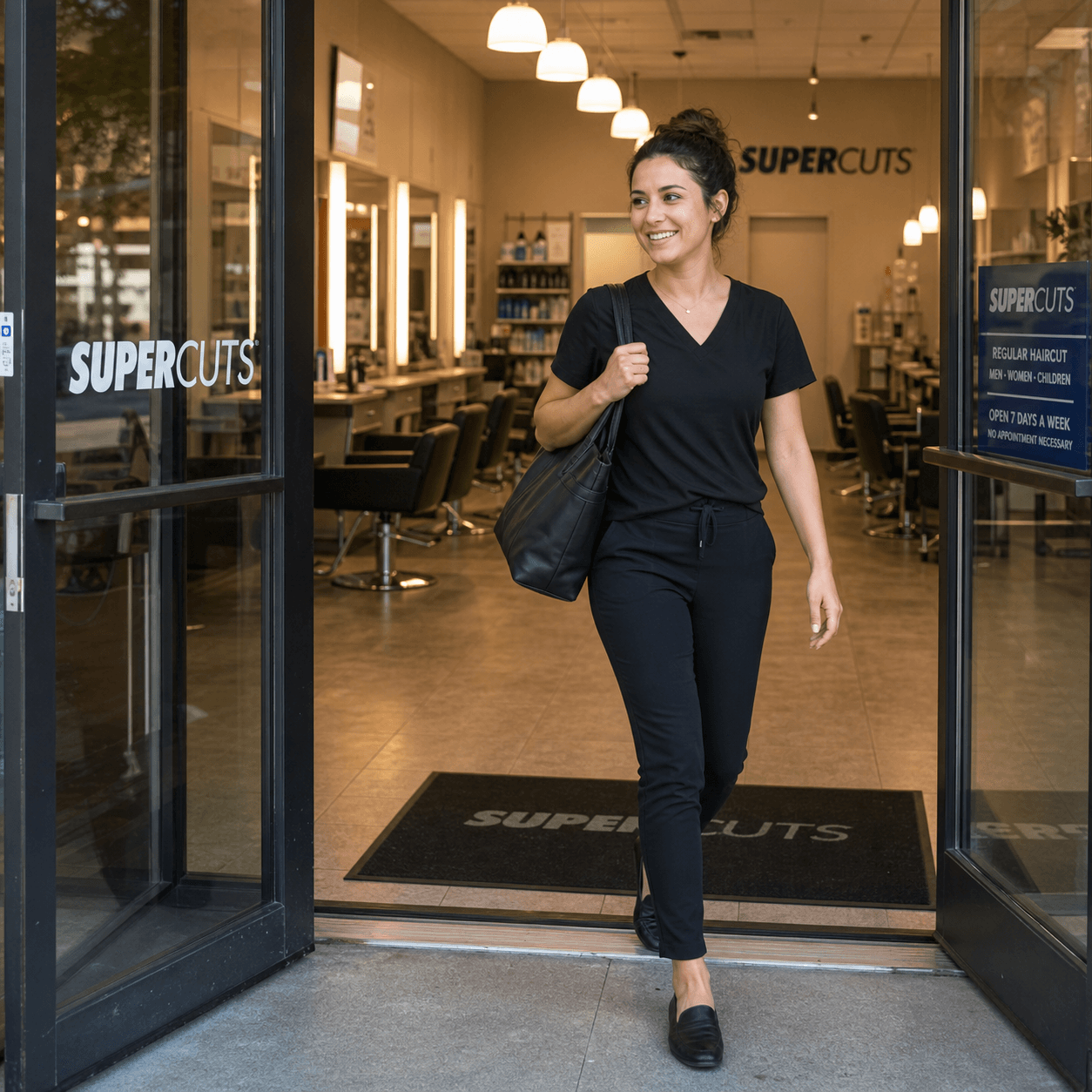 Stylist stepping out of a Supercuts salon at the end of a workday