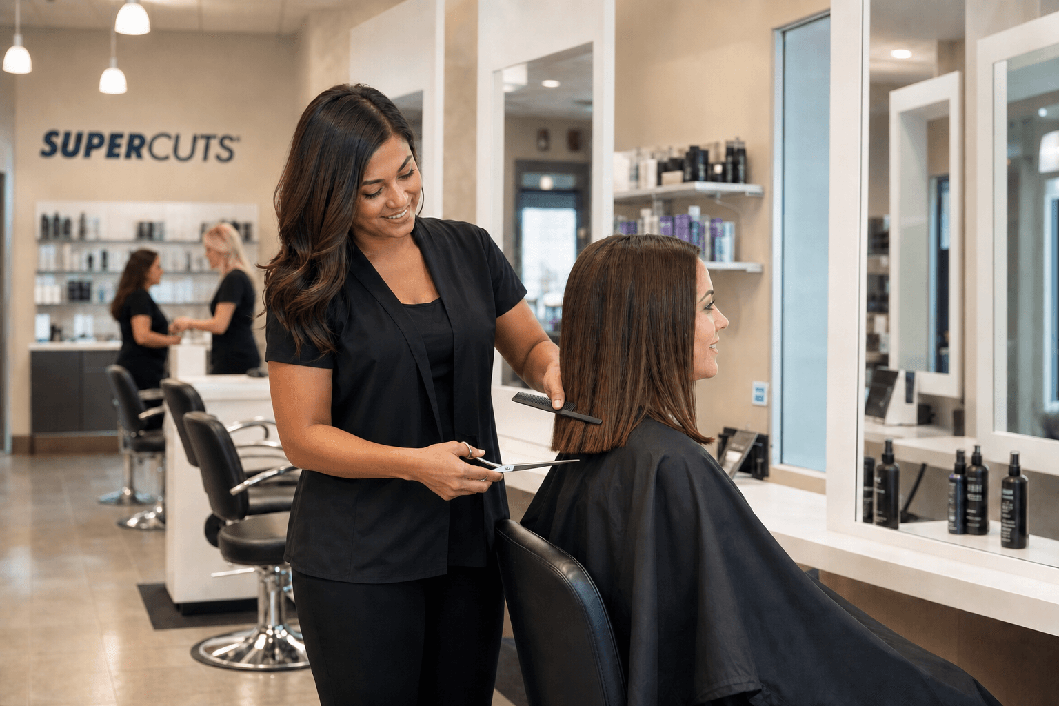Stylist trimming a female client's hair at shoulder level in a Supercuts salon