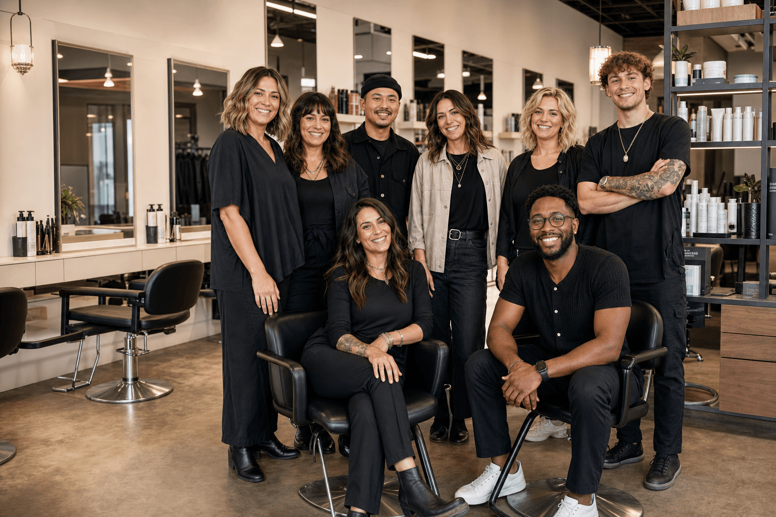Stylists working with clients in a large, bright salon