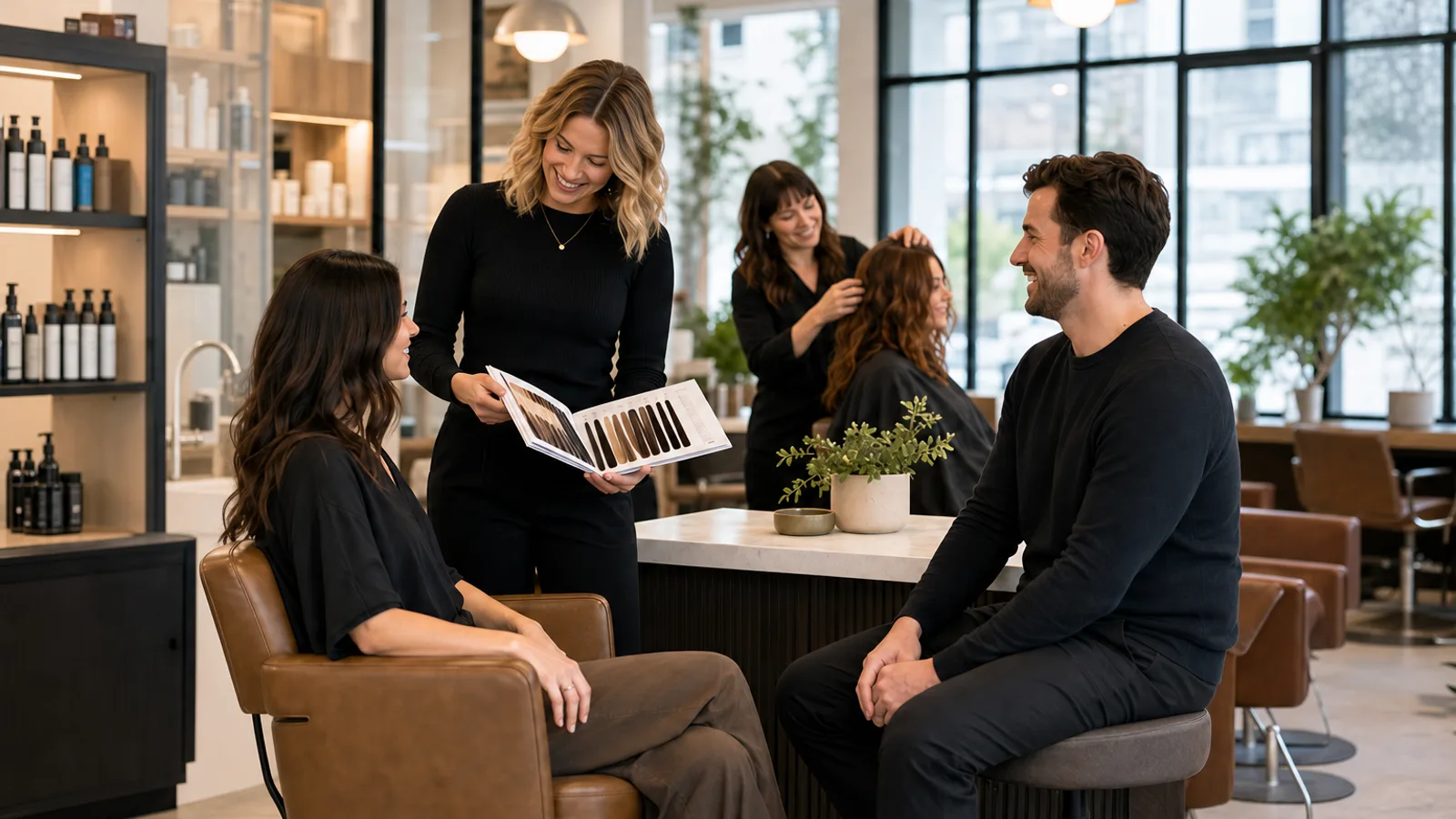 Stylist consulting with a client in a bright Supercuts salon