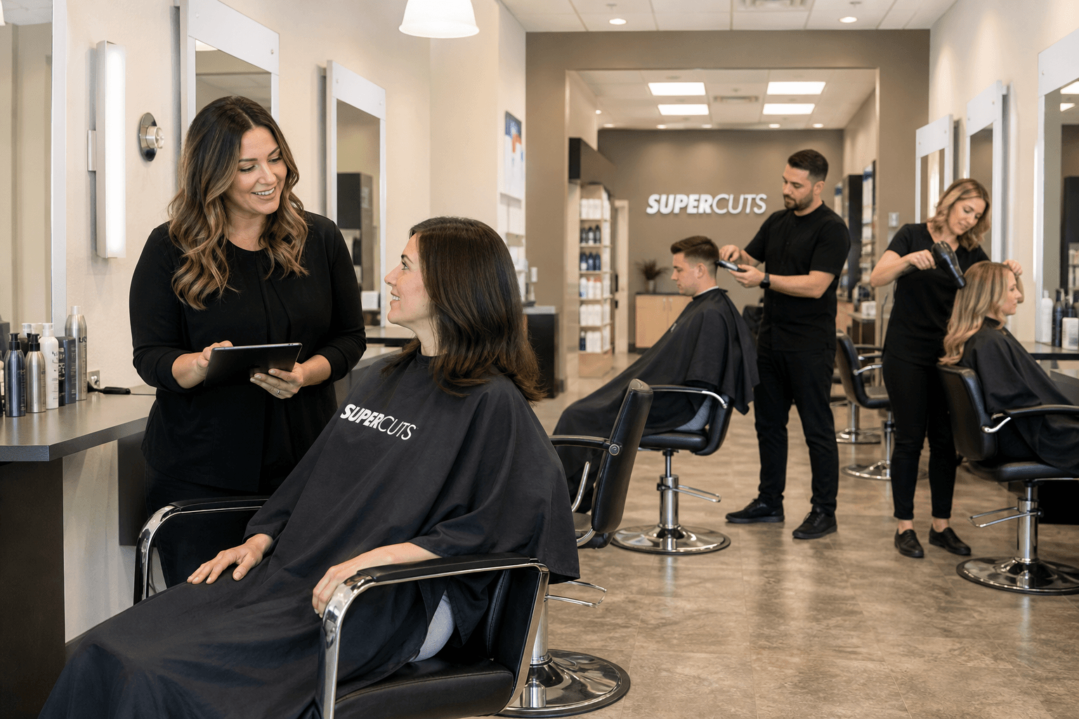 Stylists working with clients across a busy Supercuts salon floor