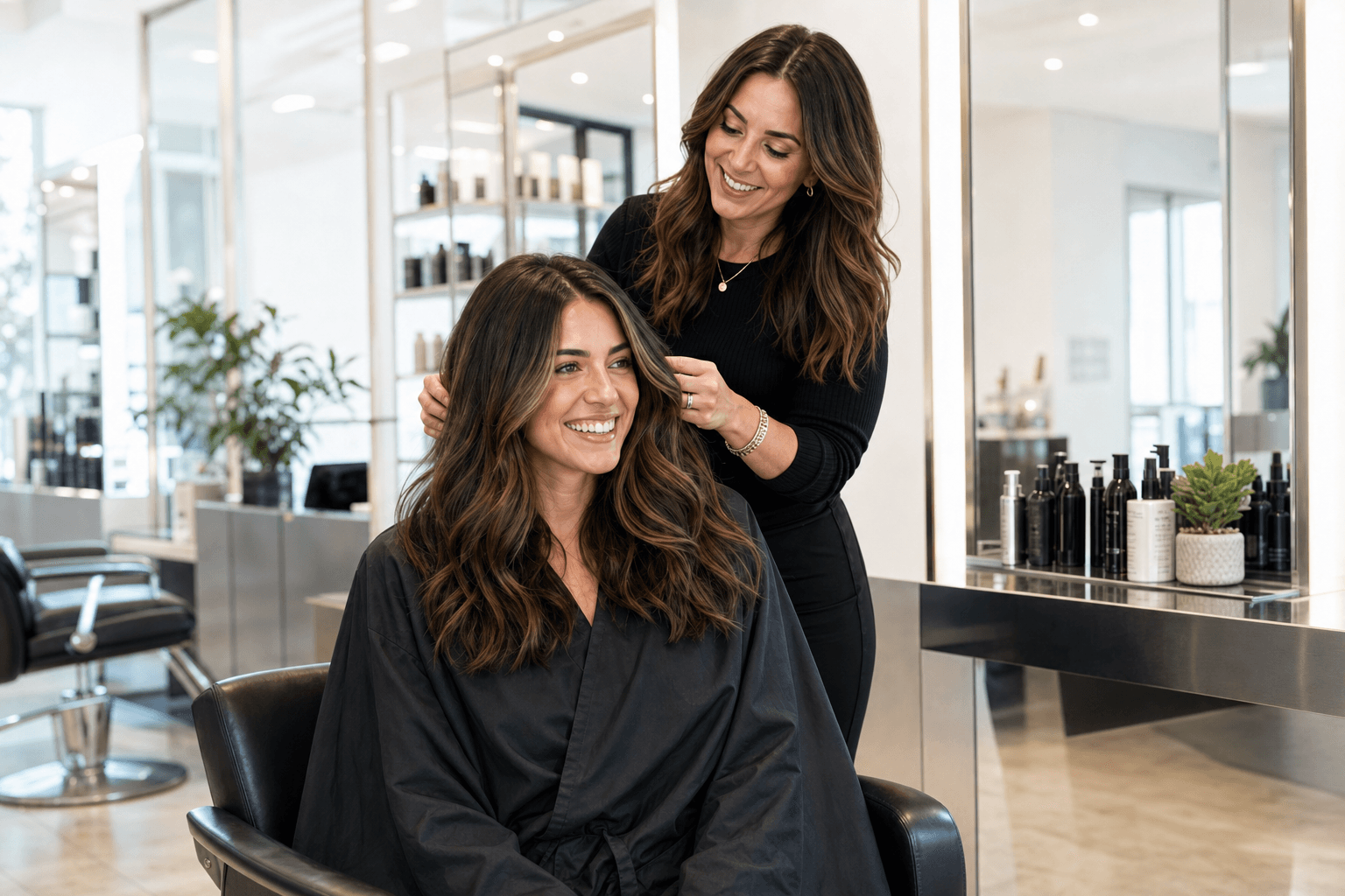 Stylist trimming a seated client's hair in a bright salon