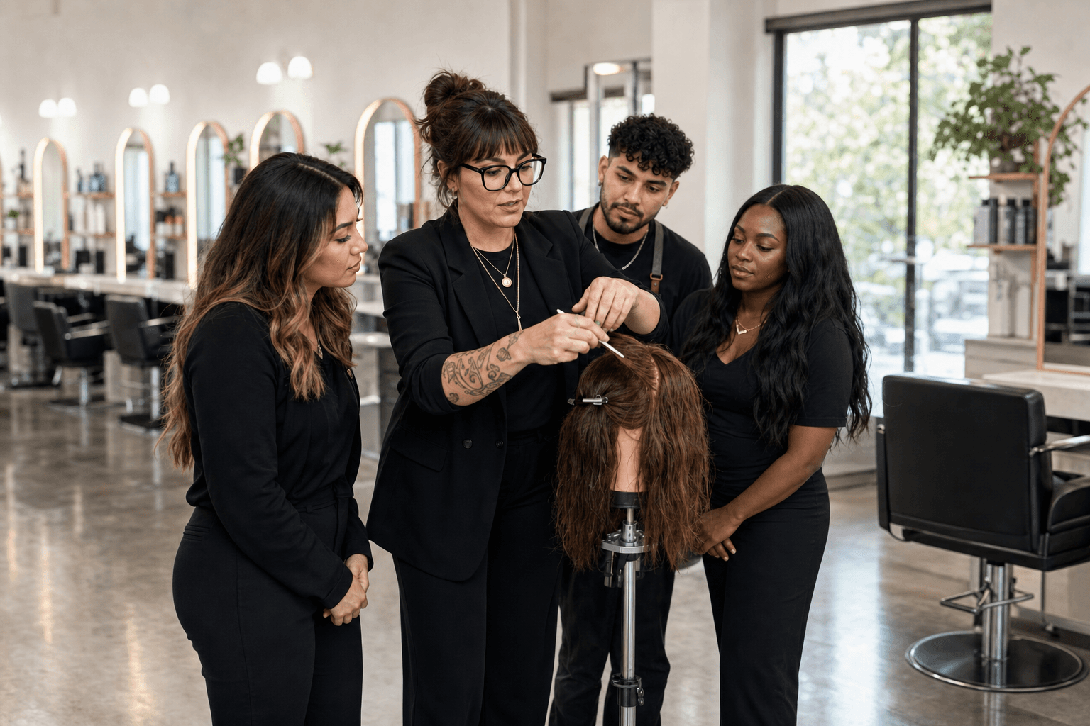 Stylist station with tools, products, and a folded towel ready for the day
